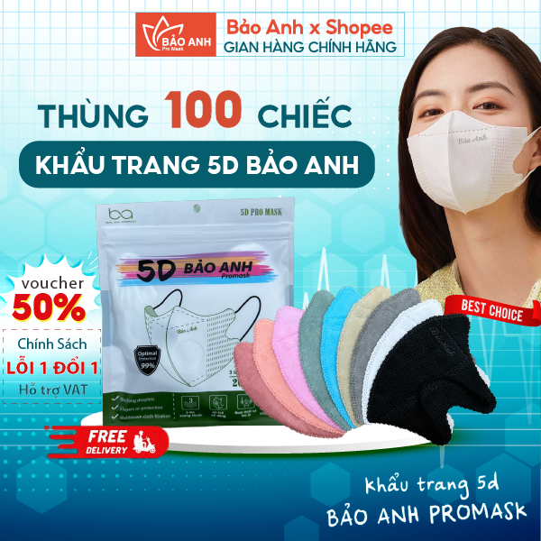 [Thùng 100 Cái] Khẩu Trang 5D Y Tế Bảo Anh Promask 3 Lớp Kháng Khuẩn, Khẩu Trang Chống Tia UV Đủ Màu