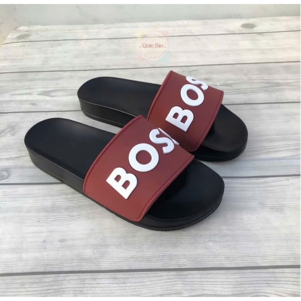 Dép Dán Quai  Da Nam nữ Quai Ngang BOSS Màu Xám Đen Hàng Hot Dép Lê Slipper