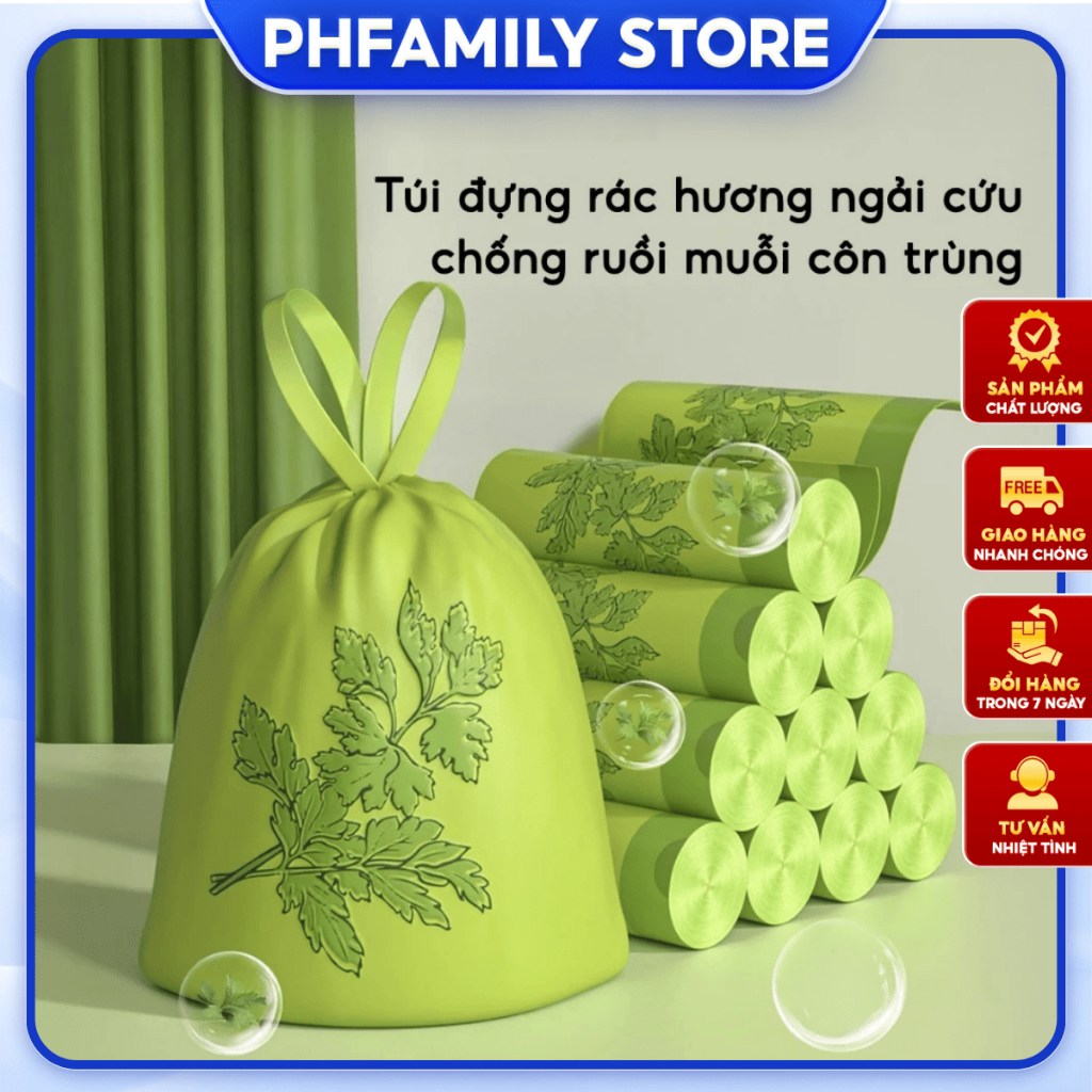 Túi Đựng Rác Ngải Cứu Cuộn 50 Túi Có Dây Rút Tiện Lợi Khử Mùi Kháng Khuẩn Túi Rác Gia Đình Dày Dai Chống Rò Rỉ
