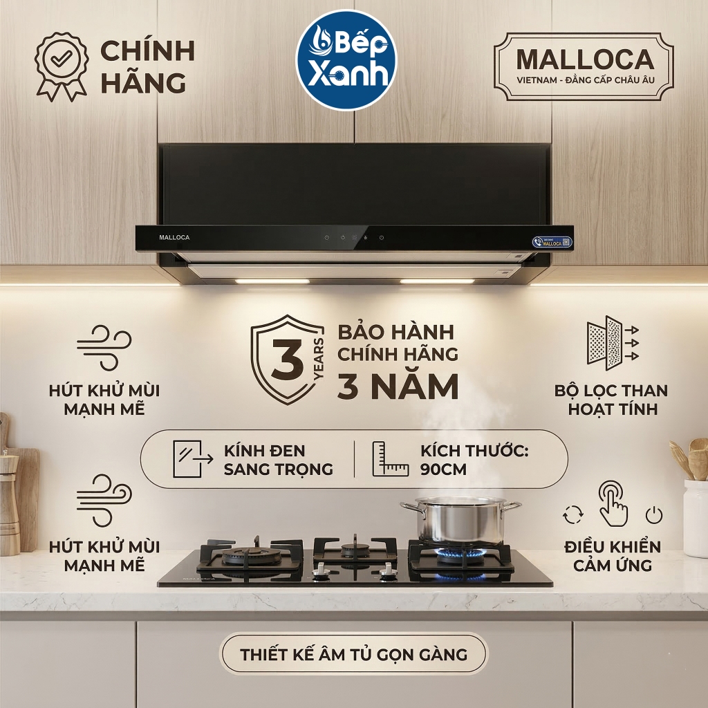 [LẮP ĐẶT TOÀN QUỐC] Máy hút khói khử mùi âm tủ Malloca MH 90BTC, kính đen, ngang 90cm, bảo hành 3 nă