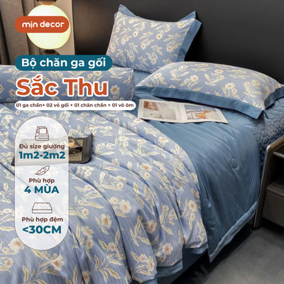 Bộ Chăn Ga Gối Cotton Satin Sắc Thu Pre Mịn Decor, Bộ 5 Món Ga Trần Chăn Trần Đủ Kích Thước