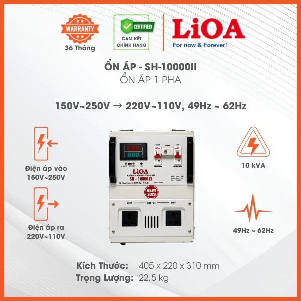 Ổn Áp LiOA 1 Pha SH-10000II 10kVA 10000VA Điện Áp Vào 150V÷250V, Điện Áp Ra 220V÷110V Dây Đồng 100%