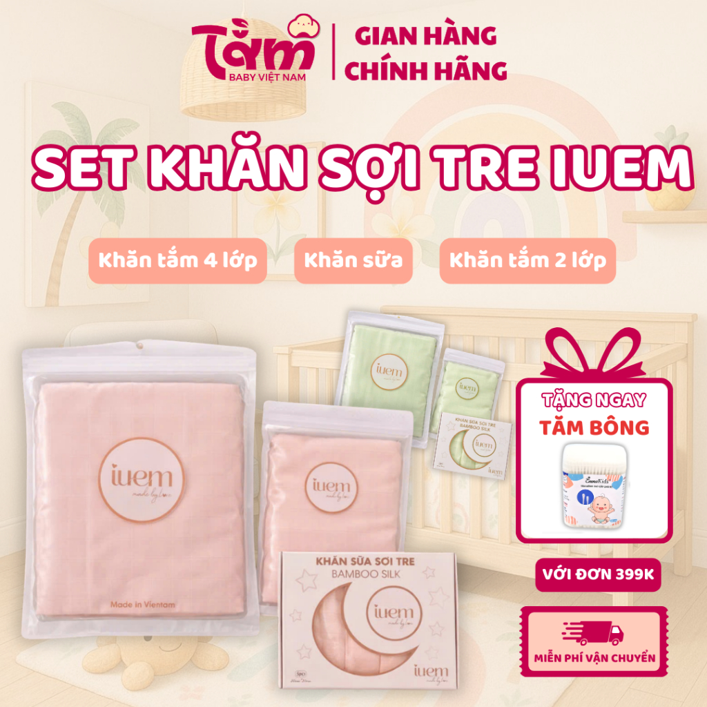 [COMBO]Bộ 3 Khăn Sợi Tre IUEM Cho Trẻ Sơ Sinh – Khăn Tắm 4 lớp 90x95cm + Khăn tắm 2 lớp + Khăn Sữa 4