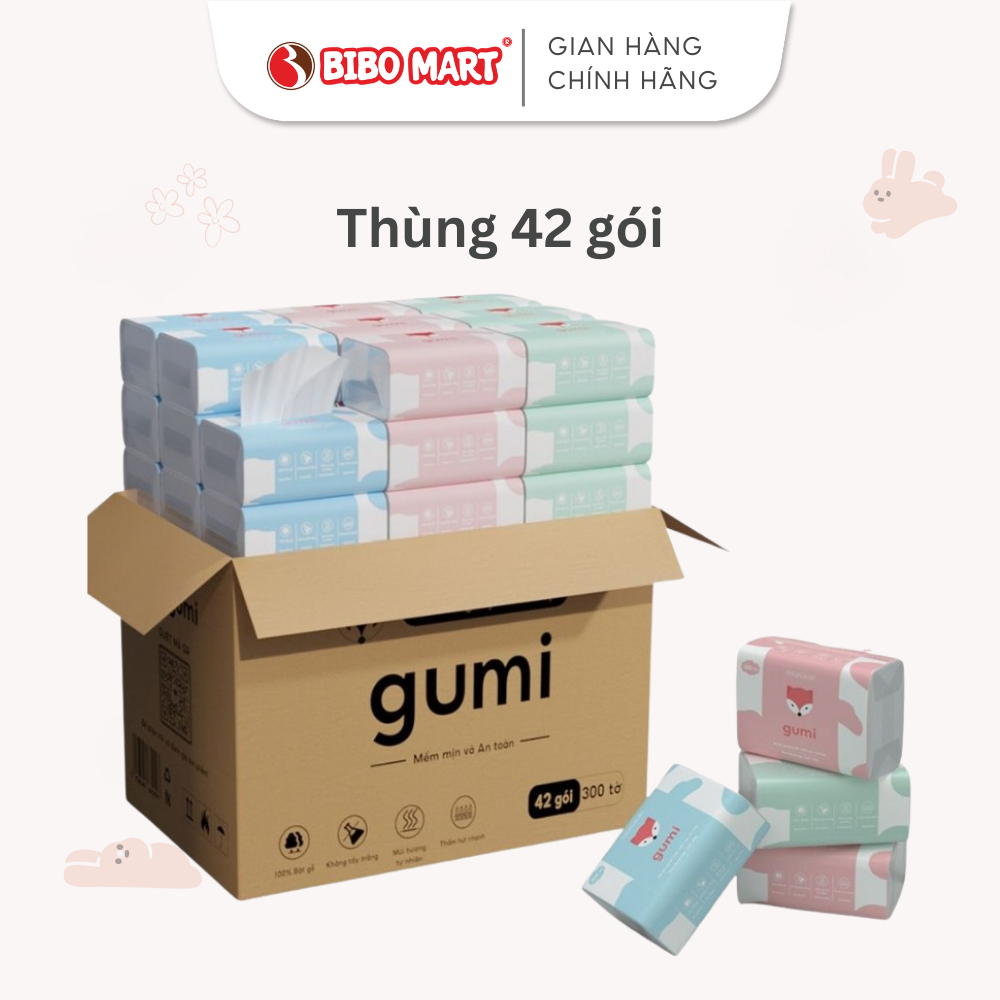 Thùng 42 Gói Giấy Ăn Cao Cấp Gumi 3 Lớp Mềm Mịn Thấm Hút Hiệu Quả Nhỏ Gọn Dễ Mang Đi - Bibo Mart