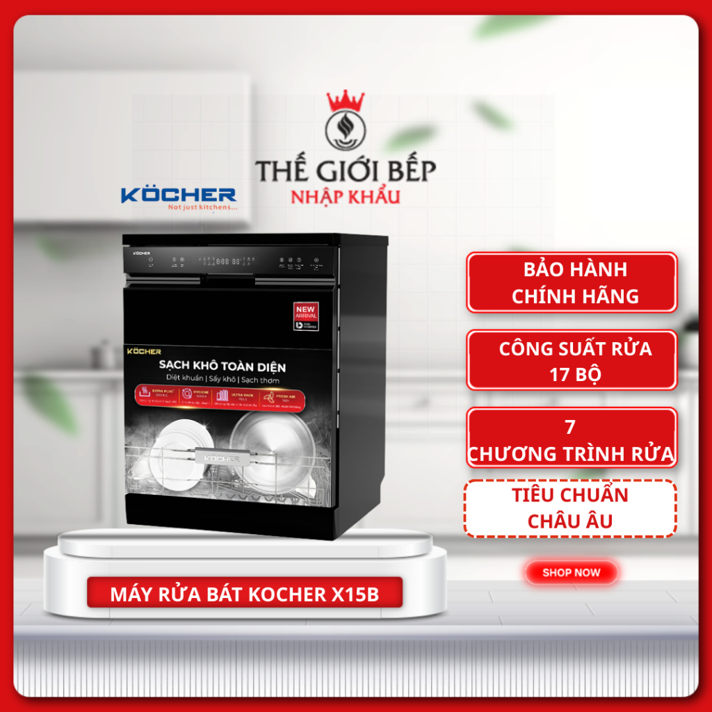 Máy rửa bát Kocher X15B - Thiết Kế Sang Trọng, 7 Chương Trình Rửa, 17 Bộ, Bàn phím Tiếng Việt