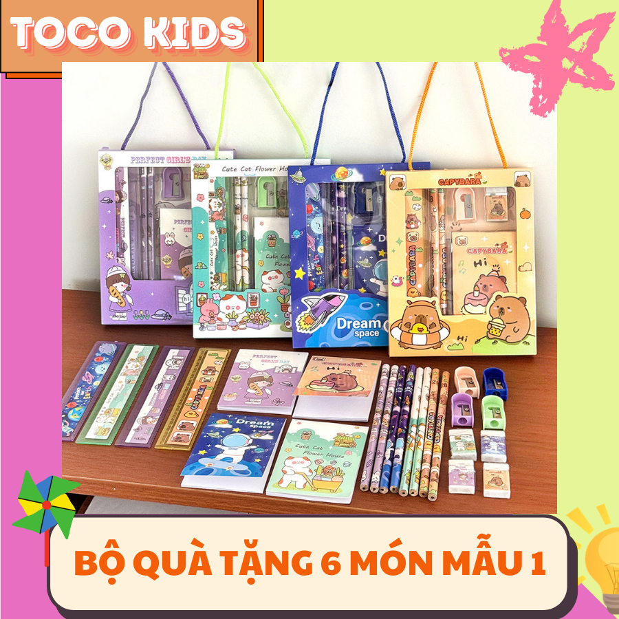 Bộ quà tặng 6 món dụng cụ học tập có quai xách hoạt hình dễ thương, đa dạng cho học sinh tiểu học