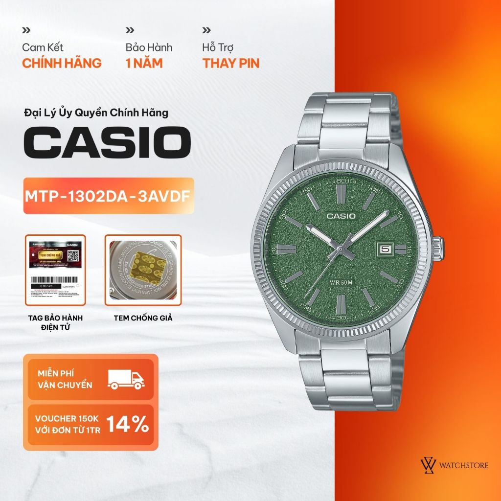 Đồng Hồ Nam Casio MTP-1302DA-3AVDF Mặt Kính Khoáng 38.5mm Màu Xanh Vân Cát Dạ Quang Kháng Nước Dây K
