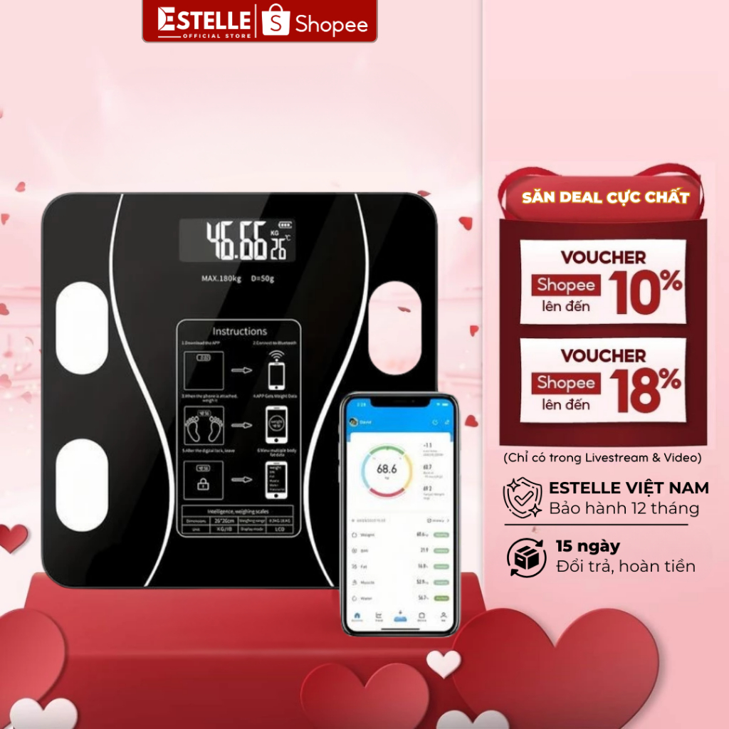 Cân Điện Tử Sức Khỏe Thông Minh Kết Nối Bluetooth Với Điện Thoại Phân Tích 12 Chỉ Số Cơ Thể Sạc Pin