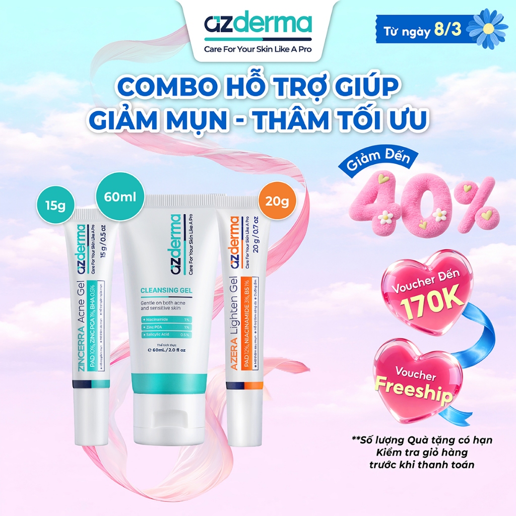 Combo Giúp Giảm Mụn Ngừa Thâm Tối Ưu Azderma Zincerra Acne Gel 15g, Cleansing Gel Azderma 60ml, Azer