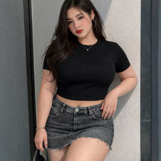 [ BIGSIZE TRÊN 55KG ] AMS28 ÁO THUN GÂN BASIC CROPTOP CỔ TRÒN TAY NGẮN bigsize nữ
