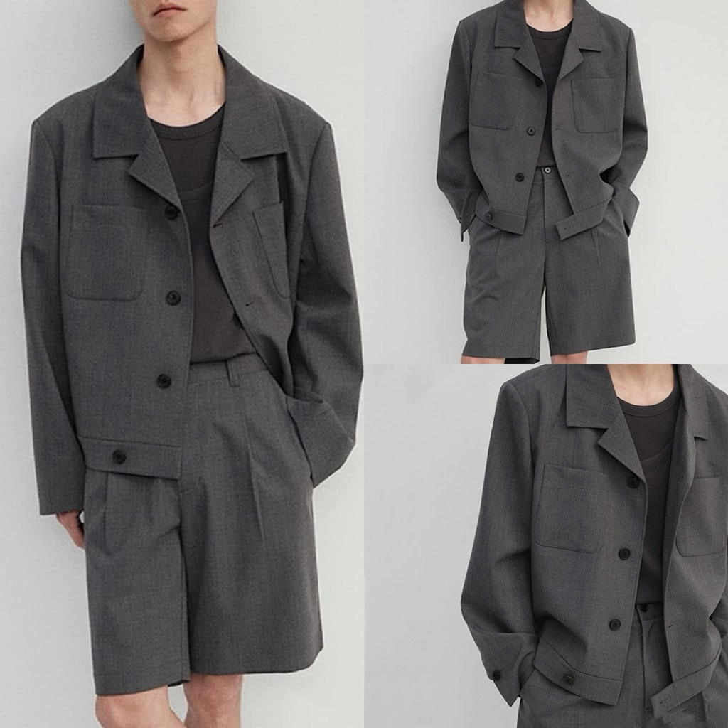Set Áo + Quần Blazer Nam Boxy Fit Cao Cấp - Áo Khoác Blazer Ngắn Tay Form Rộng Vai Trễ Phong Cách Mi