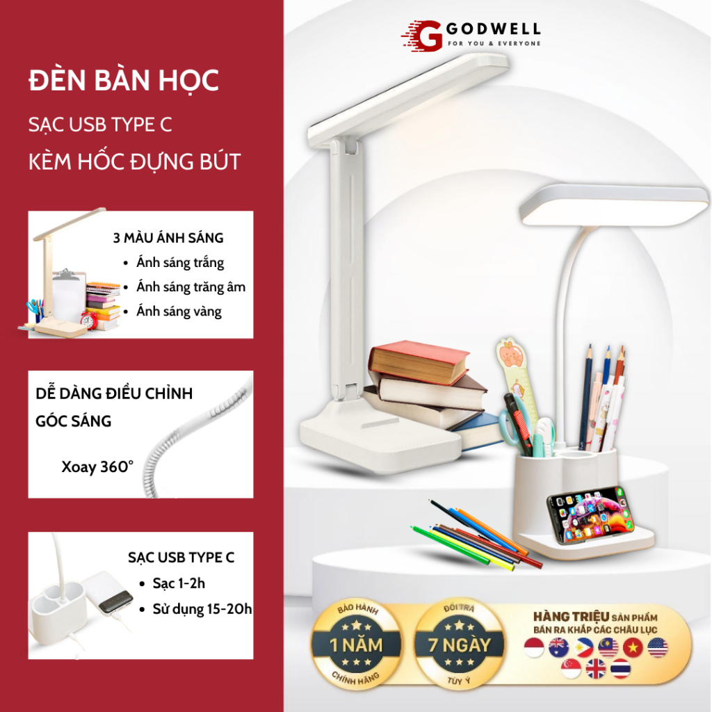 Đèn Học Chống Cận Tiết Kiệm Điện Bảo Vệ Mắt GODWELL, Đèn Đọc Sách Tích Điện Có Nút Cảm Ứng 3 Chế Độ Ánh Sáng