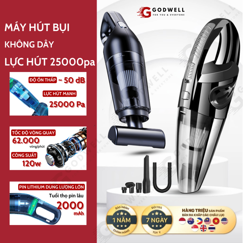 Máy Hút Bụi Cầm Tay Mini Không Dây GODWELL Công Suất Lớn, Hút Bụi Sàn Nhà, Ô Tô Bảo Hành 24 Tháng