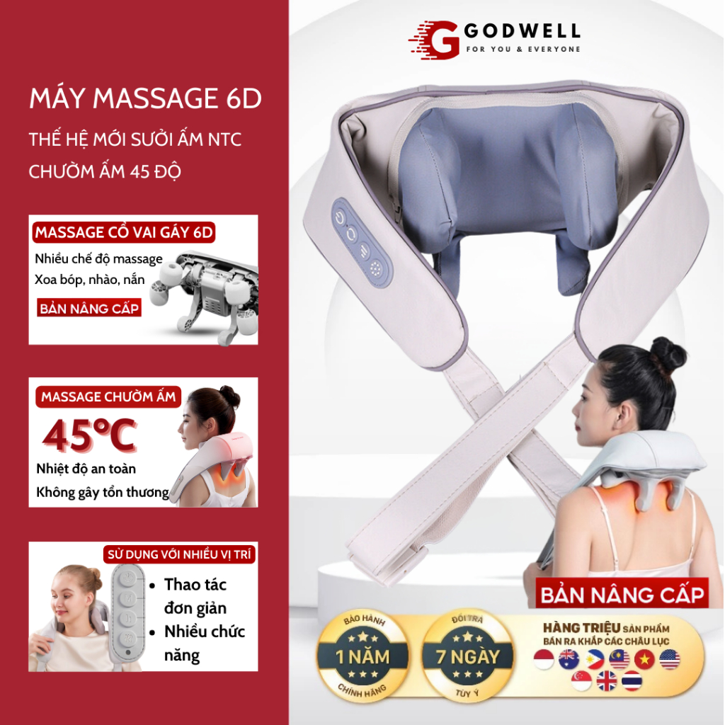 [BÁN CHẠY] Máy Massage Cổ Vai Gáy 6D GODWELL, Gối Chườm Ấm 6 Đầu Massage, Giảm Đau Mỏi Vai Gáy