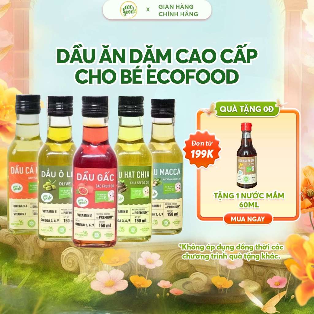 Dầu Ăn Dặm Cho Bé ECOFOOD - Dầu Gấc, Óc Chó, Olive, Cá Hồi - Ép Lạnh Nguyên Chất 60ml/150ml