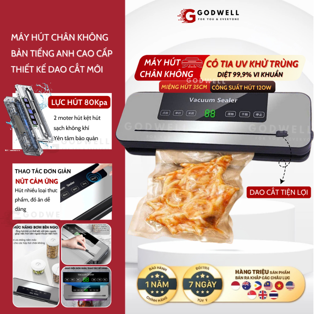 [THẺ TRÚNG THƯỞNG] Máy Hút Chân Không Thực Phẩm Khử Trùng Tia Cực Tím, Có Dao Cắt Tiện Lợi