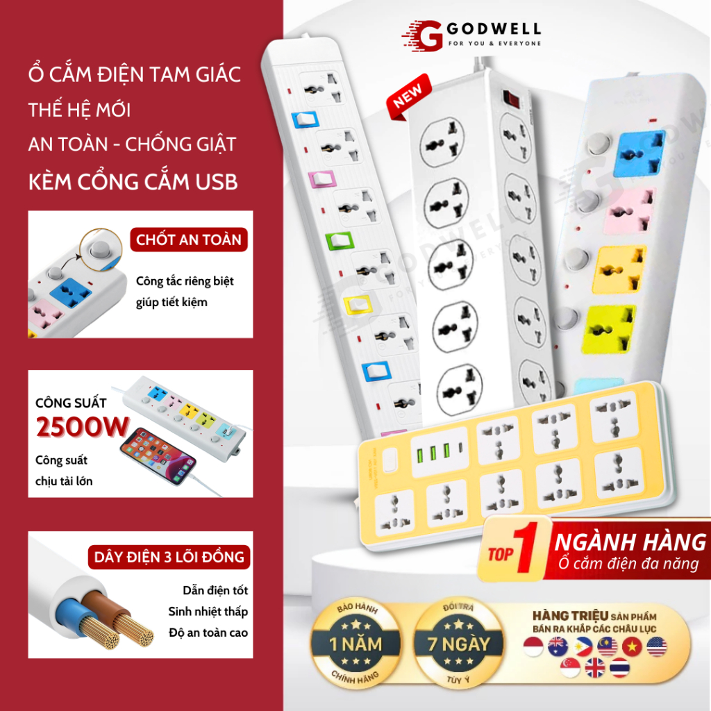 Ổ Cắm Điện Đa Năng GODWELL Chịu Tải 2500W Dây Dài 1.8-4m, Có Cổng USB, Chốt Bấm Chống Giật An Toàn