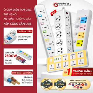 Ổ Cắm Điện Đa Năng GODWELL Chịu Tải 2500W Dây Dài 1.8-4m, Có Cổng USB, Chốt Bấm Chống Giật An Toàn