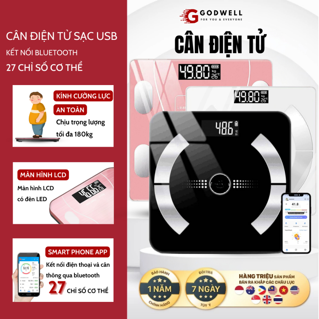 Cân Điện Tử Sức Khỏe Đo Chỉ Số Cơ Thể, Kết Nối Bluetooth Chịu Tải 180kg, Màn LED, Sạc Tích Điện USB