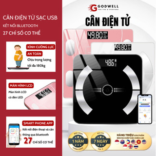 Cân Điện Tử Sức Khỏe Đo Chỉ Số Cơ Thể, Kết Nối Bluetooth Chịu Tải 180kg, Màn LED, Sạc Tích Điện USB