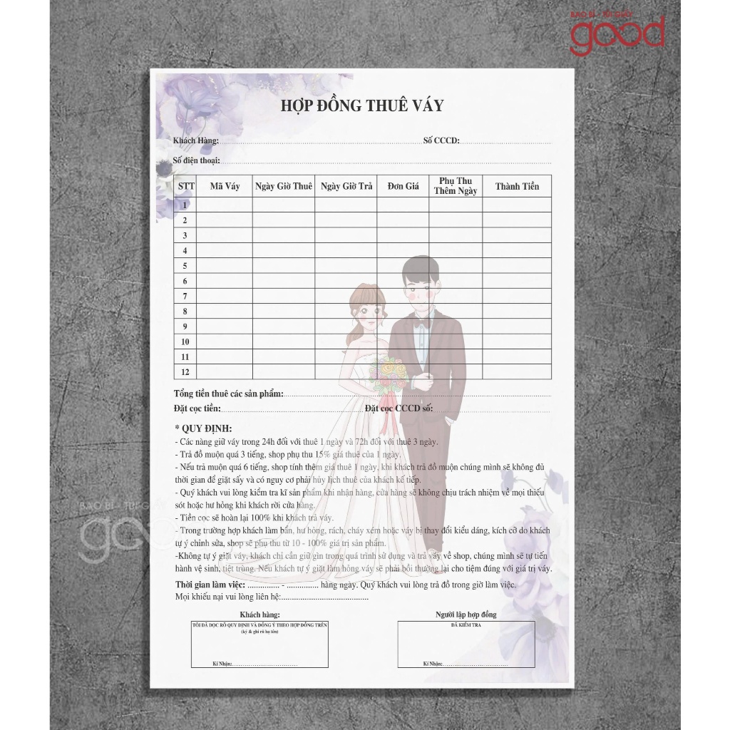 Mẫu mới: Set 10 tờ Hợp đồng dịch vụ cưới, Hợp đồng đặt tiệc, hợp đồng may váy áo cưới giấy dày for 1