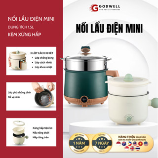 Nồi Lẩu Điện Mini Nấu Mì 2 Tầng GODWELL Kèm Giá Hấp, Nướng, Luộc, Chiên, Chống Dính Vấn Đá Cao Cấp