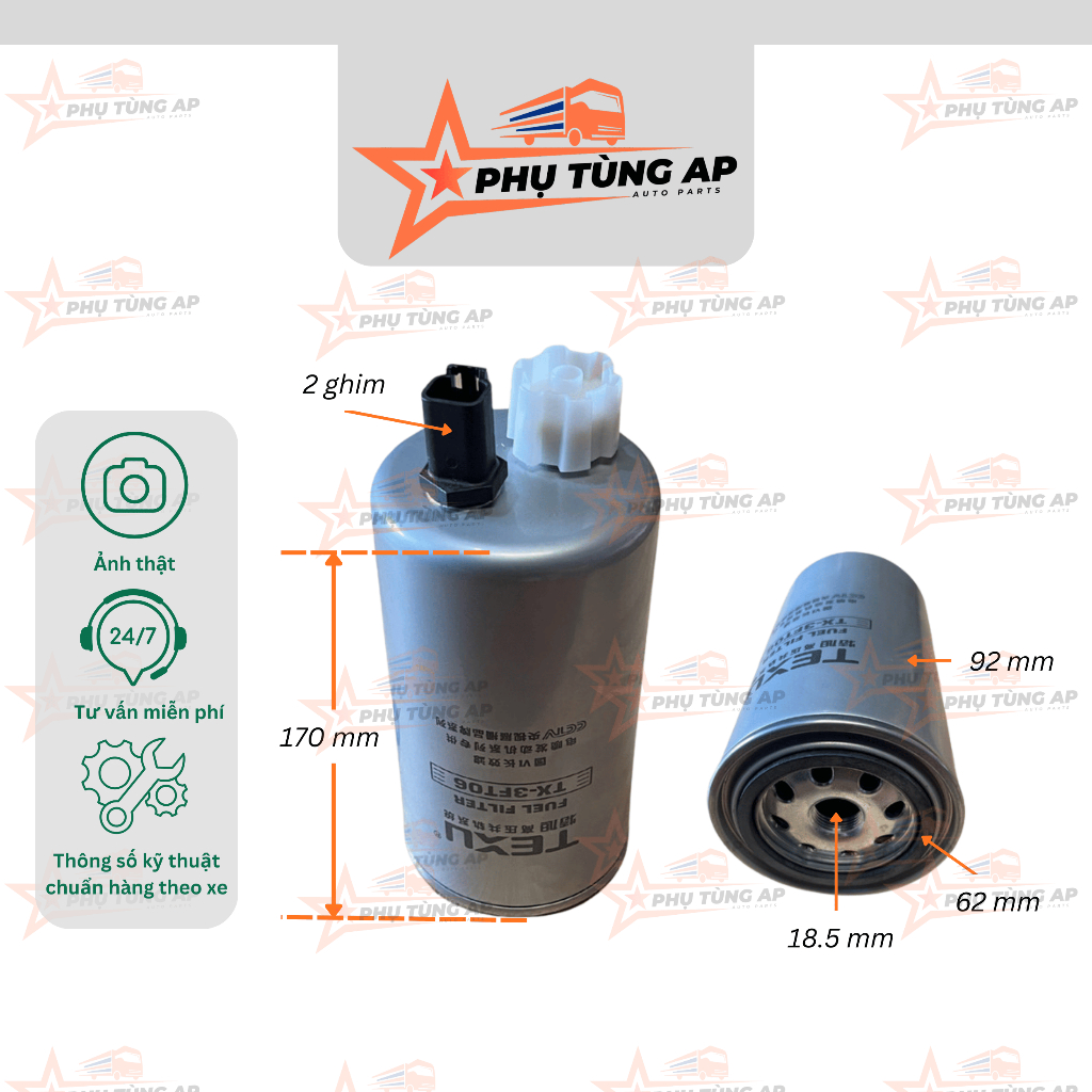 Lọc dầu thô (lọc tách nước) TX-3FT06 dành cho xe JAC N350, Thaco Ollin 700B, mã thay thế FS36268, FS