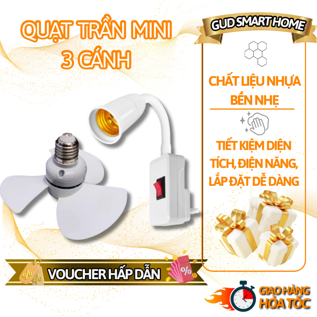 Quạt Trần Mini Gắn Đui Đèn 3 Cánh – Quạt Trần Mini Có Phích Cắm - Tiết Kiệm Điện, Nhỏ Gọn