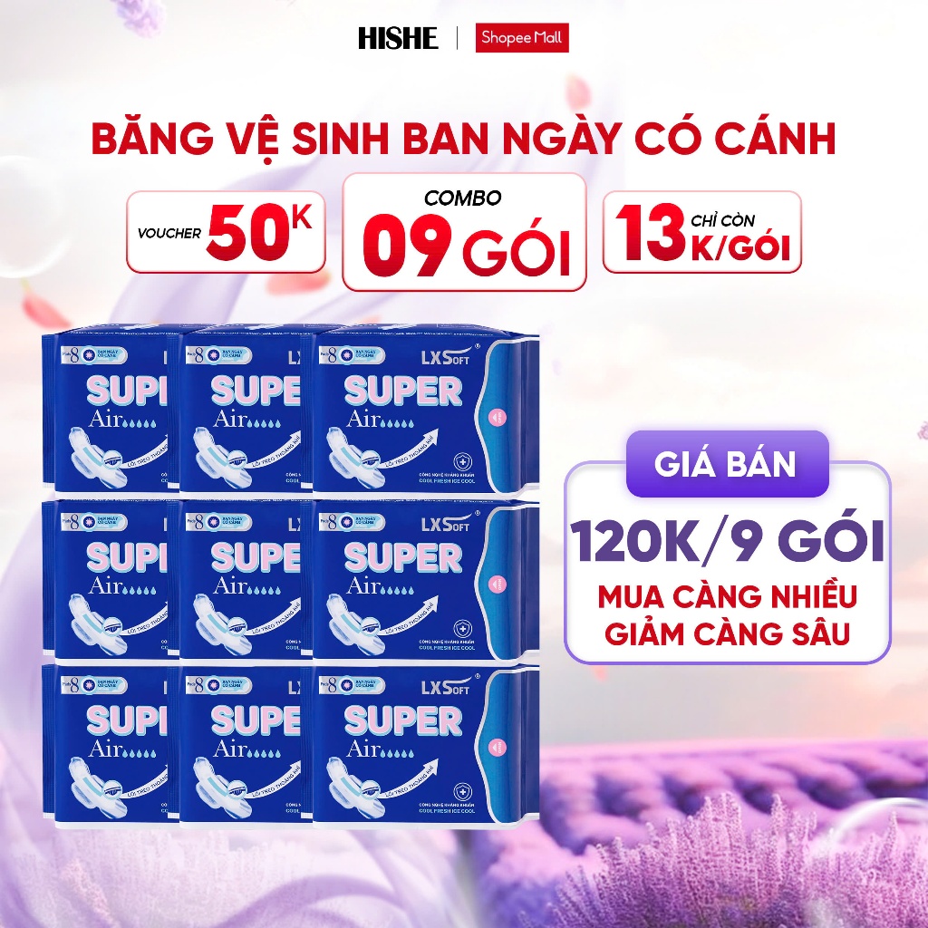 Combo 9 gói băng vệ sinh Lxsoft Super Air Siêu mềm mỏng 1mm, Siêu thấm, bạc hà không lộ mùi