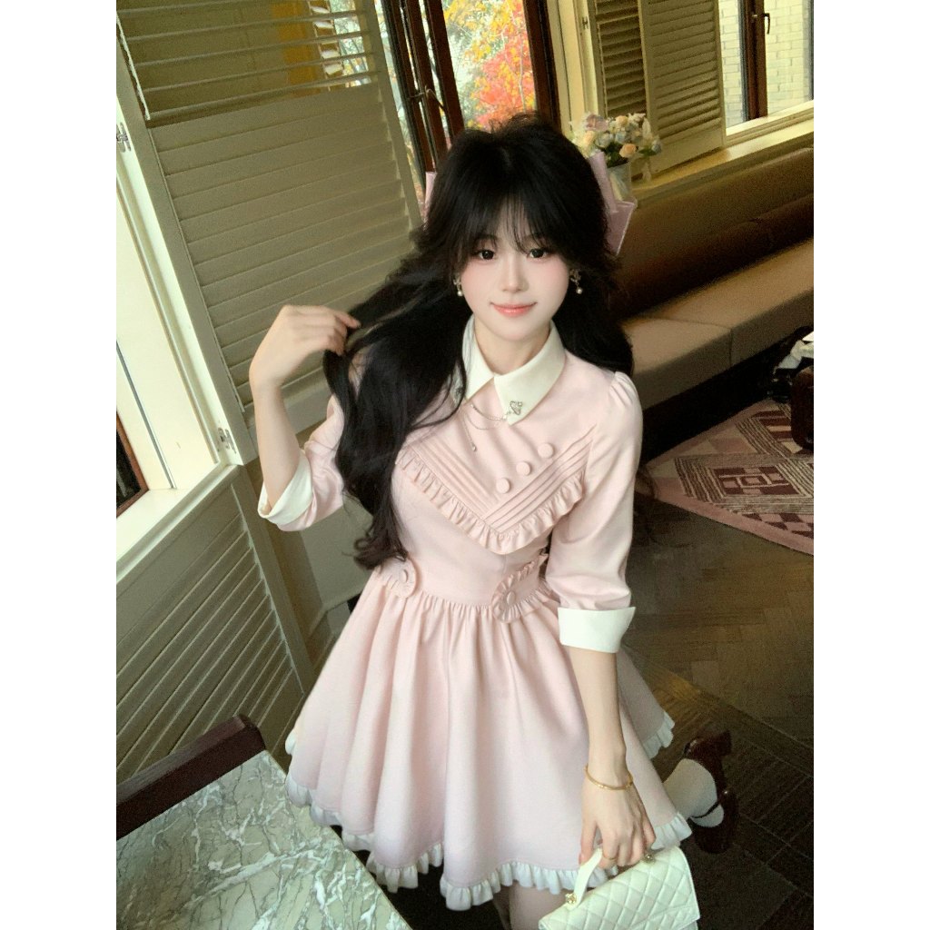 Váy Nữ Dáng Xoè Tiểu Thư Hàn Quốc Cổ Phối Trắng Đính Nút Ngực Tay Lỡ Thanh Lịch V223 Shine Fashion