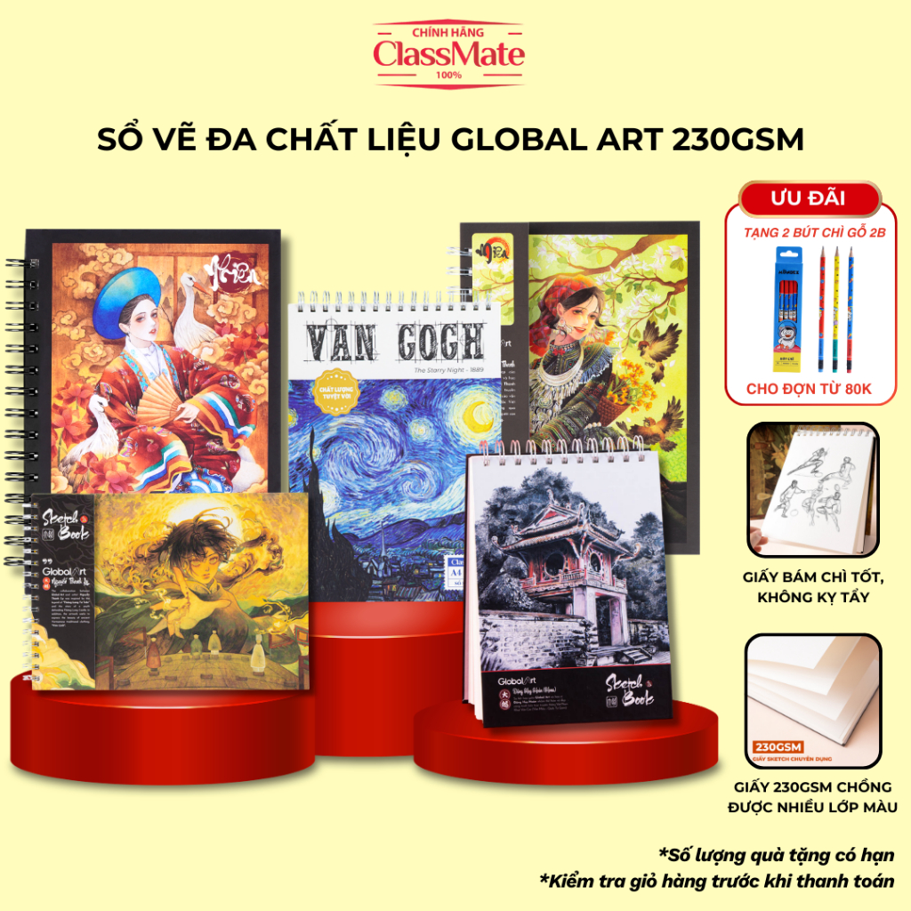 [Tặng Bút Chì] Sổ Vẽ Đa Chất Liệu GLOBAL ART 230gsm, Sketchbook A4/A5 Giấy Không Kỵ Tẩy Vẽ Màu Nước, Gouache, Acrylic