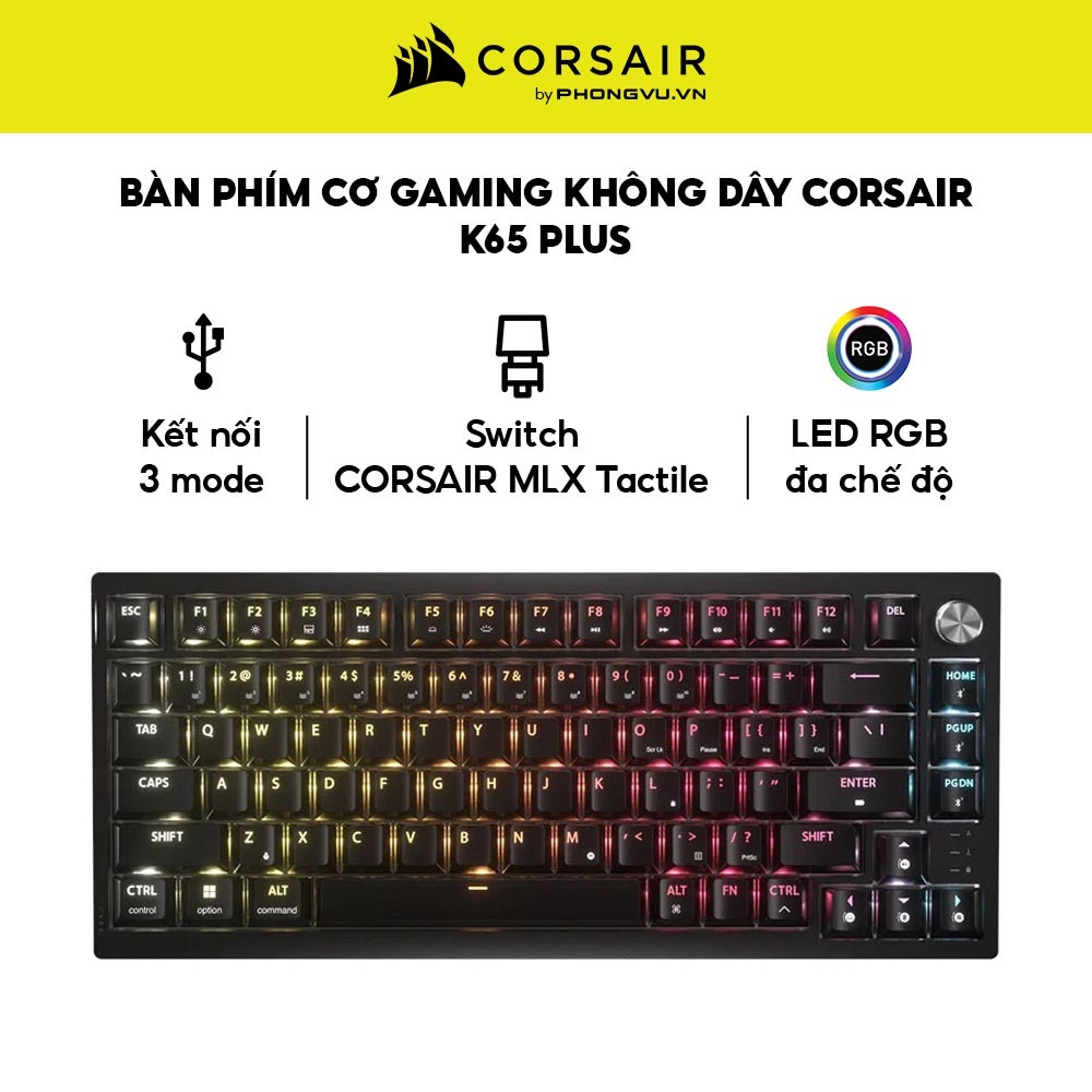 Bàn phím cơ Gaming không dây Corsair K65 PLUS Black - Switch MLX Tactile - Bảo hành 24 tháng
