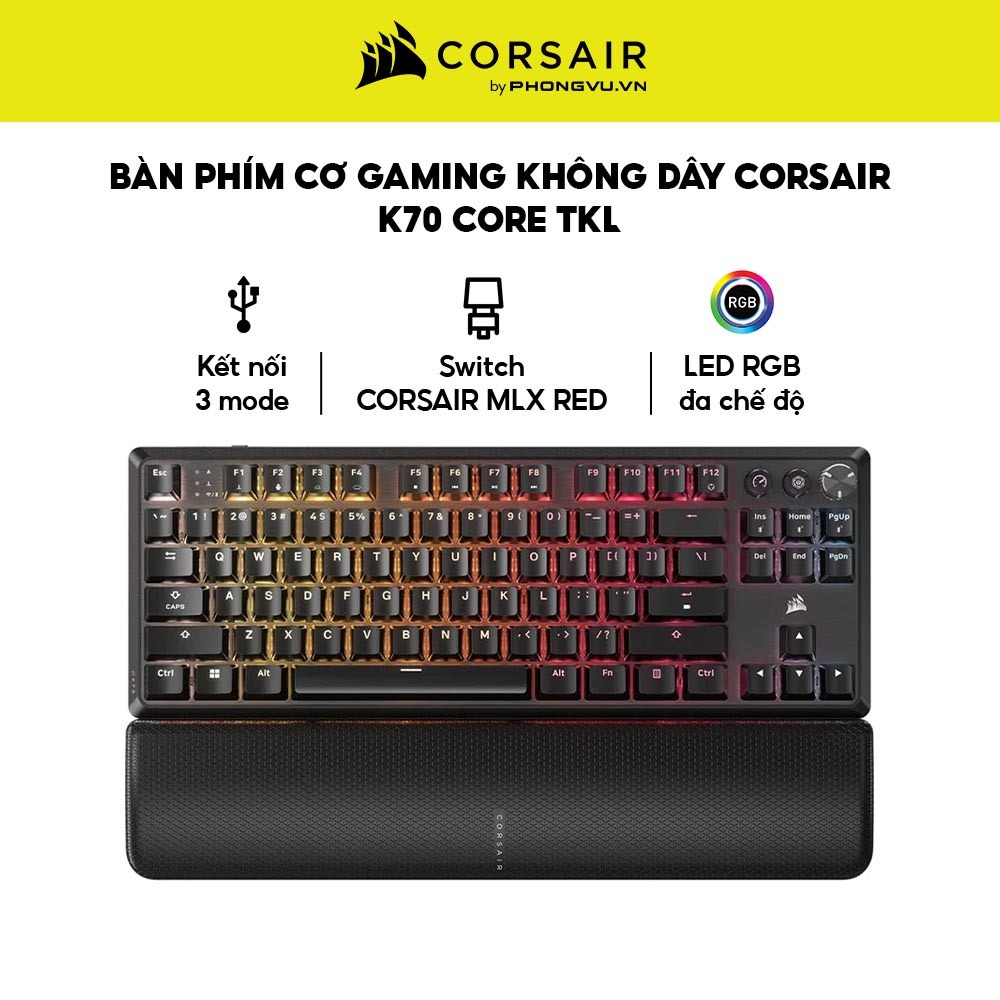 Bàn phím cơ Gaming không dây Corsair K70 CORE TKL - Switch MLX Red - Kèm kê tay - Bảo hành 24 tháng