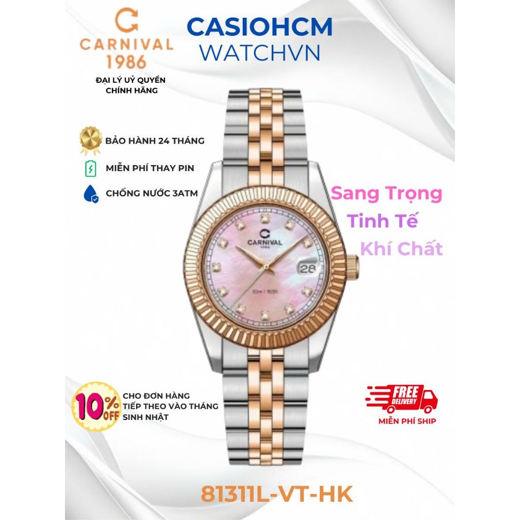 Đồng Hồ Nữ Carnival 8131L-CH-HK Chính Hãng – Mặt Khảm Xà Cừ Chỉ Hồng Sang Trọng, Dây Thép Không Gỉ