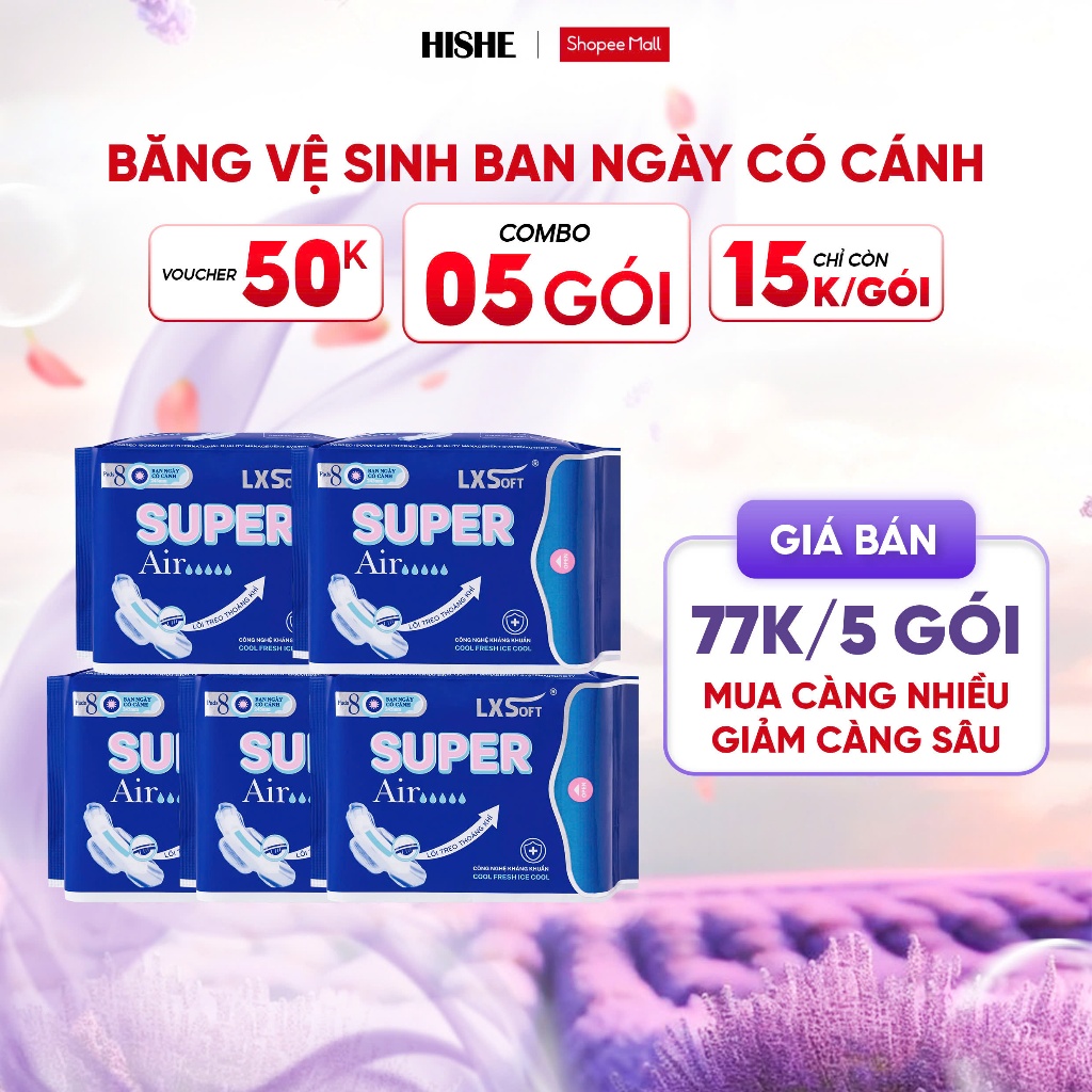 COMBO 5 gói Băng Vệ Sinh SUPER AIR LXSoft Hàn Quốc - Bạc hà - Mặt lưới lụa Siêu thấm hút