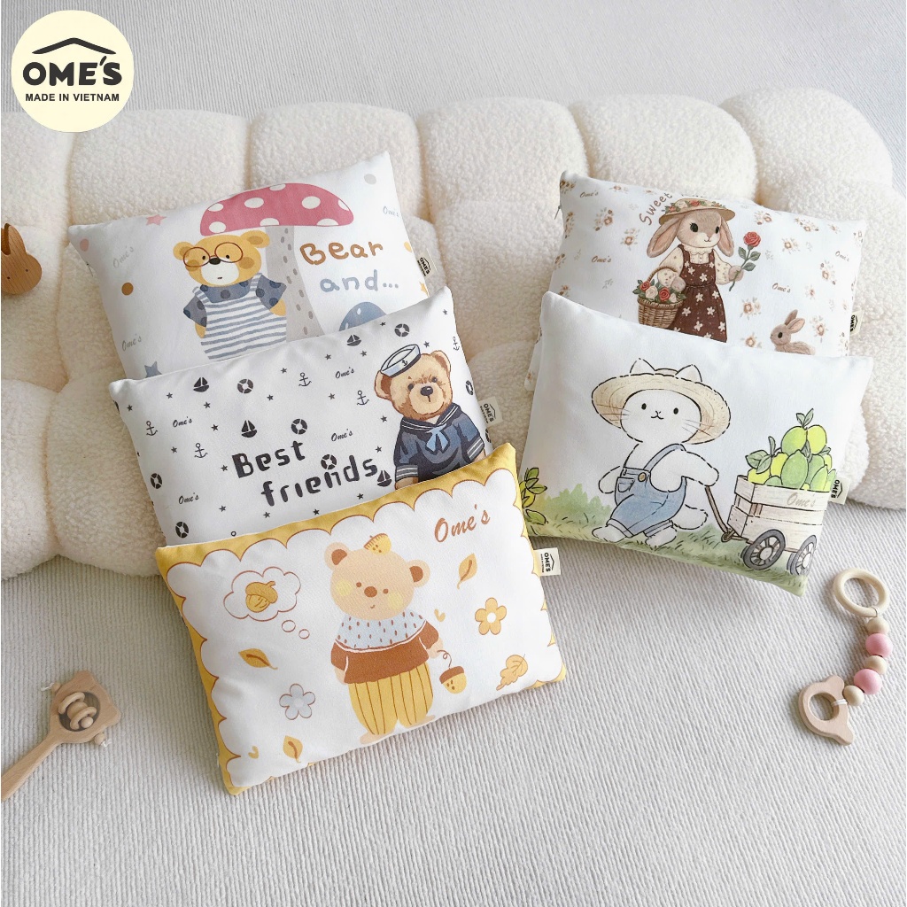 Gối Bông Hoạt Hinh OME'S Vải Cotton Ruột Bông Có Thể Tháo Vỏ Êm, Mềm Và Thoáng Cho Bé Babico