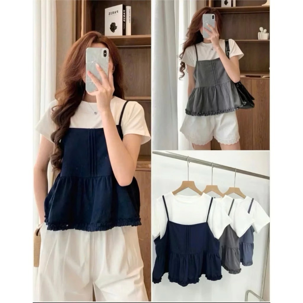 [Peinn] Set Đồ Nữ Áo Thun Trơn Cộc Tay Kèm Áo 2 Dây Xếp Ly Viền Bèo S800 Susstore Thời Trang Nữ Kenco clothing
