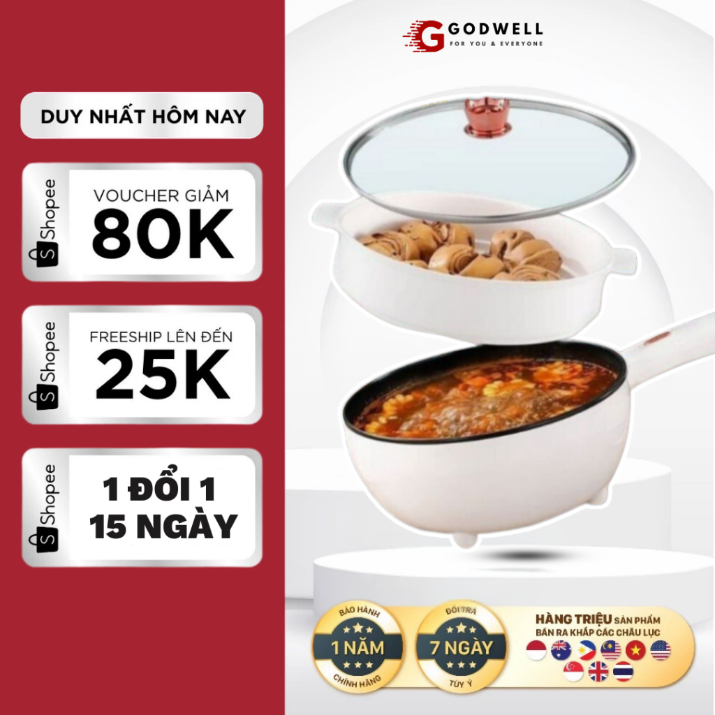 Chảo Điện Đa Năng Chống Dính Mini GODWELL Dung Tích 3L Nồi Lẩu Điện Có Tay Cầm Điều Chỉnh Nhiệt Độ