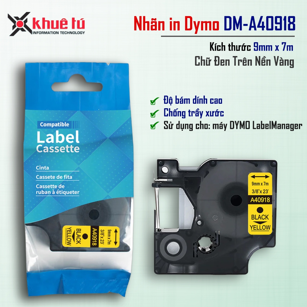 DM-A40918 Tape D1 - Chữ đen trên nền vàng 9mm x 7m