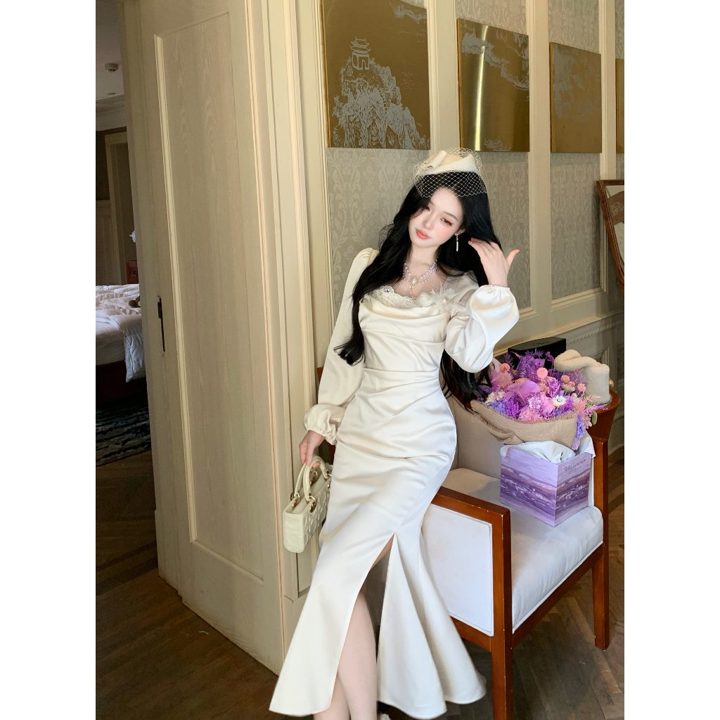 Đầm Nữ Dài Body Cổ Vuông Phối Ren Tay Dài Xẻ Tà, Thanh Lịch Phong Cách Hàn Quốc V225 Shine Fashion