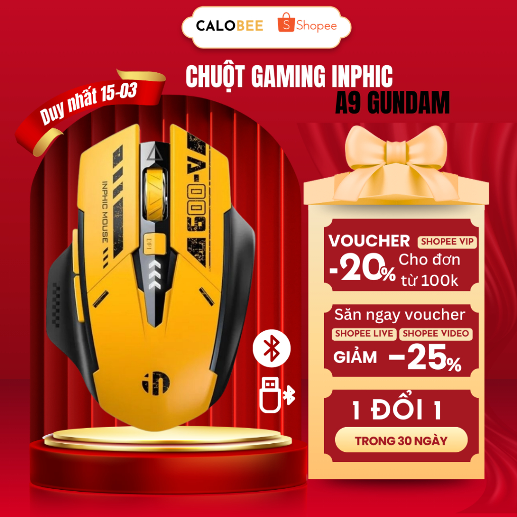 Chuột không dây bluetooth Gaming INPHIC A9 sạc nhanh, pin trâu, silent, led hiển thị pin, điều chỉnh