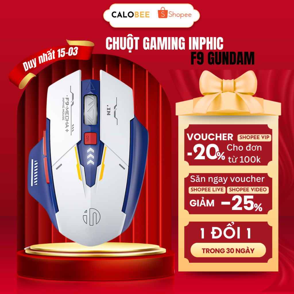 Chuột không dây gaming INPHIC F9 GUNDAM pin trâu, Chuột chơi game silent chống ồn 6 nút điều chỉnh D