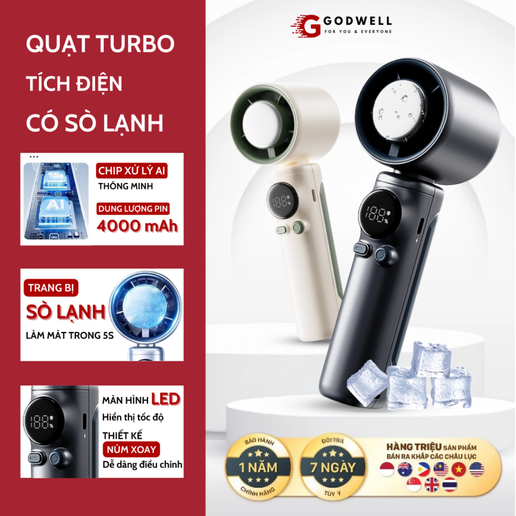 Quạt Cầm Tay Turbo Mini Tích Điện Trang Bị Sò Lạnh 100 Chế Độ Làm Mát Như Điều Hòa