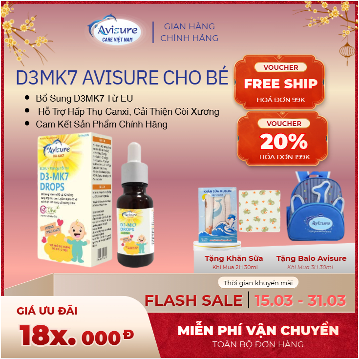 Avisure D3MK7 Vitamin D3 K2 Cho Trẻ Em – Bổ Sung D3 K2 Giúp Bé Cứng Cáp, Hỗ Trợ Tăng Chiều Cao