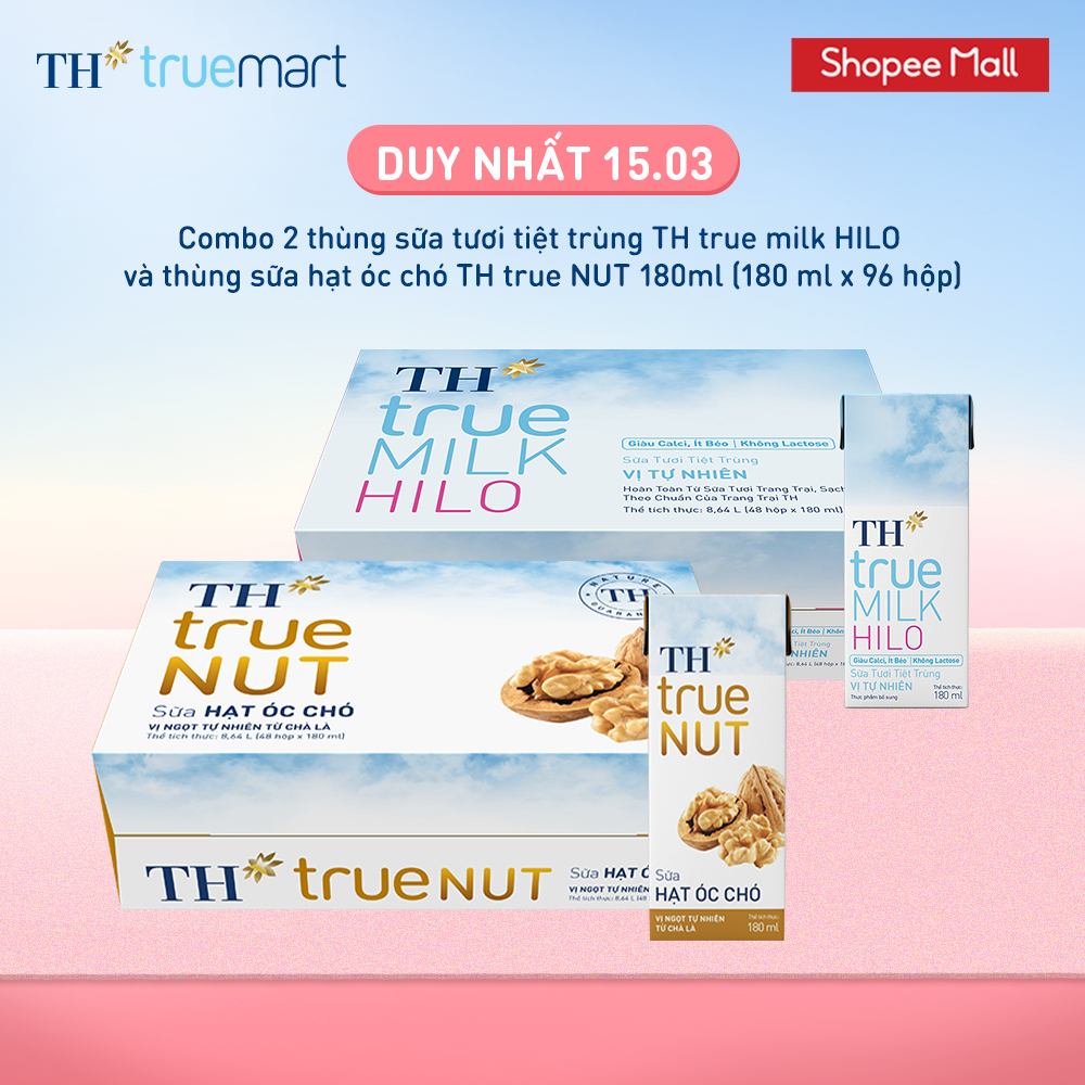 Combo 2 Thùng sữa tươi tiệt trùng TH true Milk HILO và Thùng sữa hạt óc chó TH true Nut 180ml x 96 h