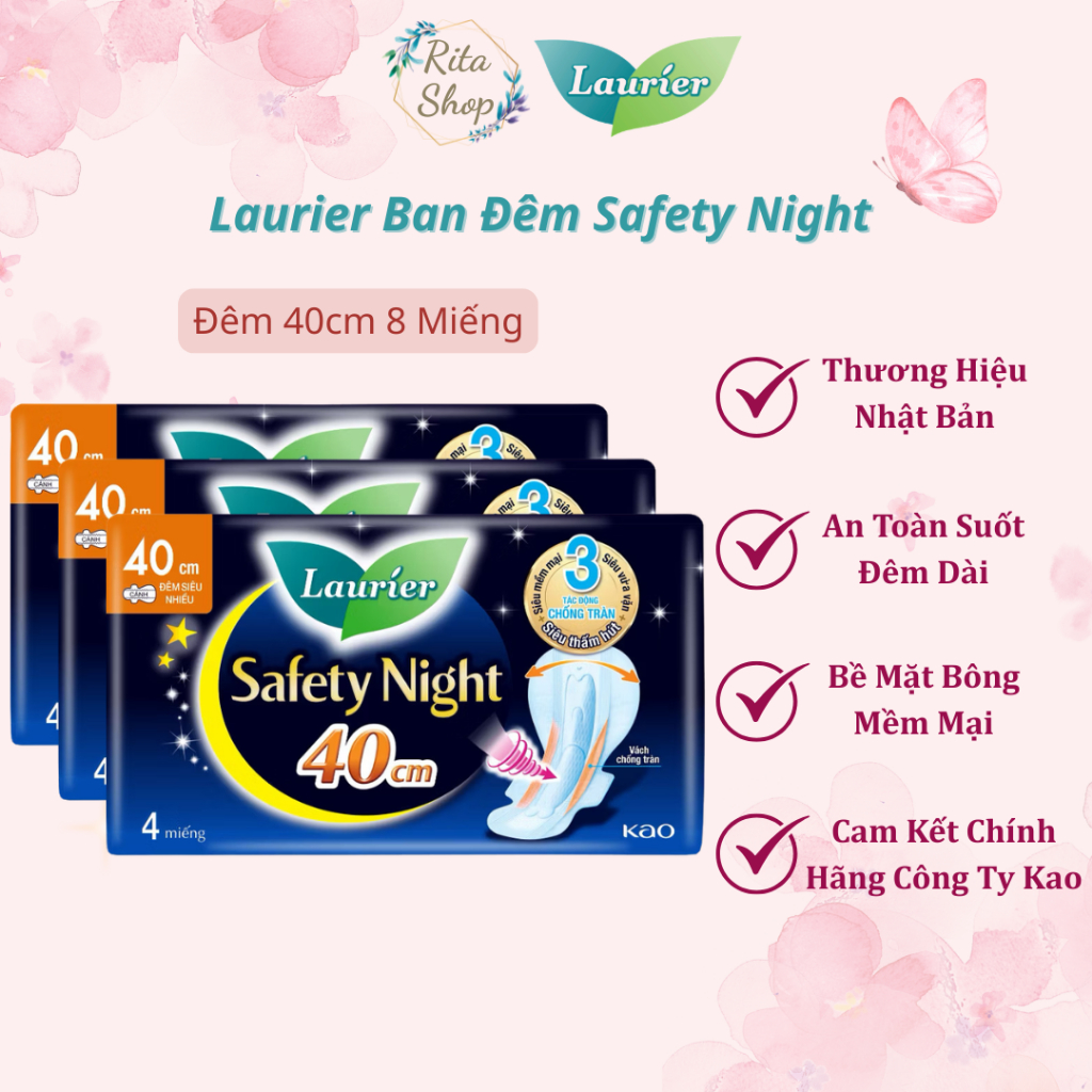 Băng Vệ Sinh Ban Đêm Laurier Safety Night Siêu An Toàn 40cm 8 Miếng