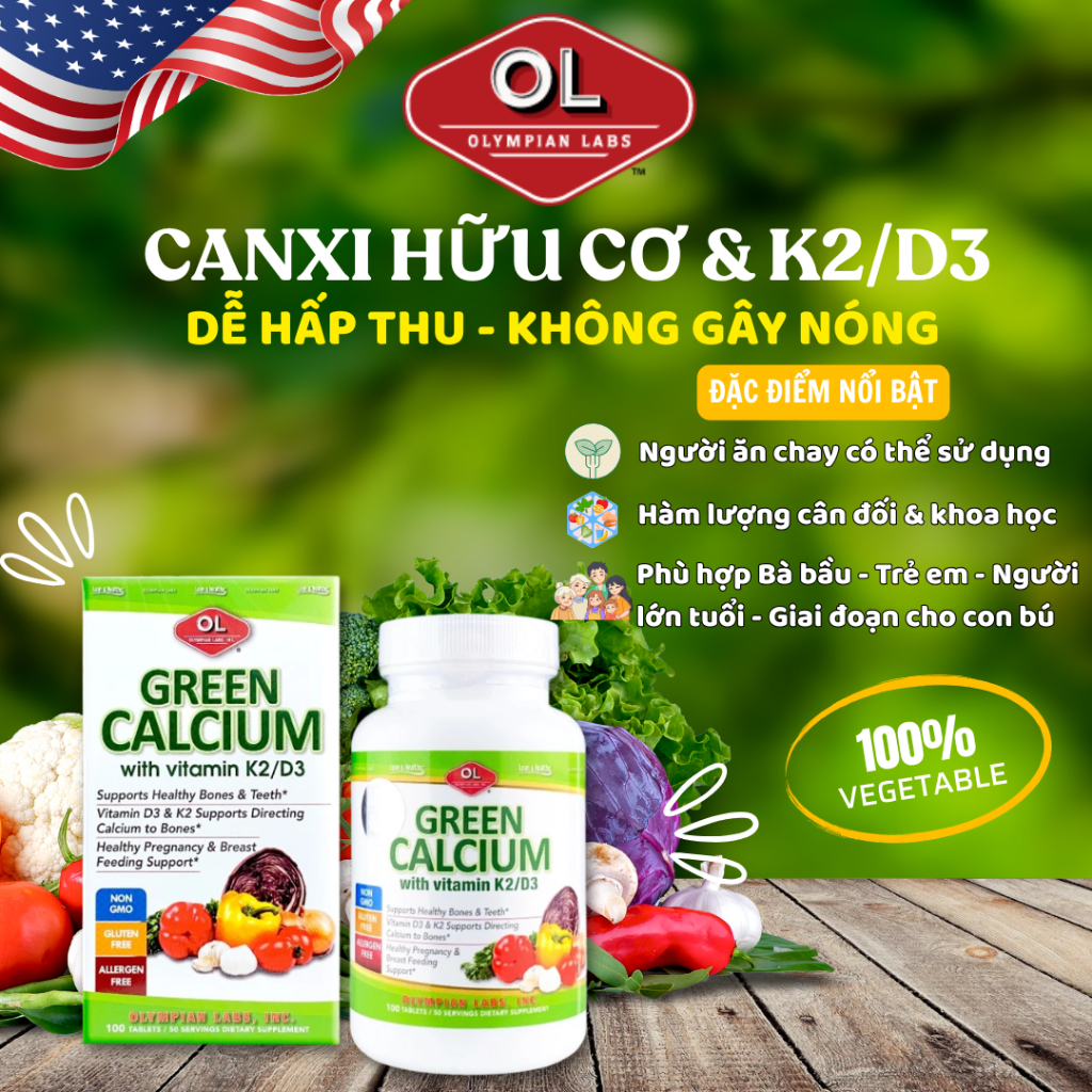 Viên uống Canxi Hữu Cơ không gây nóng Olympian Labs Green Calcium with Vitamin K2/D3 - Hộp 100 viên