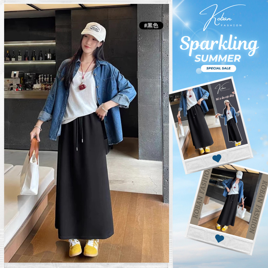 [KA17 SẢN PHẨM BÁN HÈ] Chân váy dài dáng suông KOBAN váy nỉ 2 da lưng chun màu đen tôn dáng đi học đ