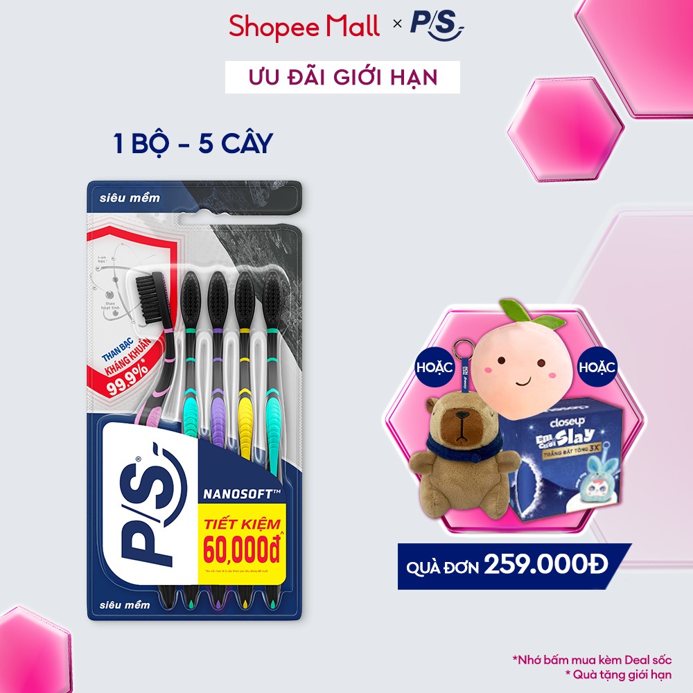 Bộ 5 bàn chải P/S than bạc kháng khuẩn 99.9%