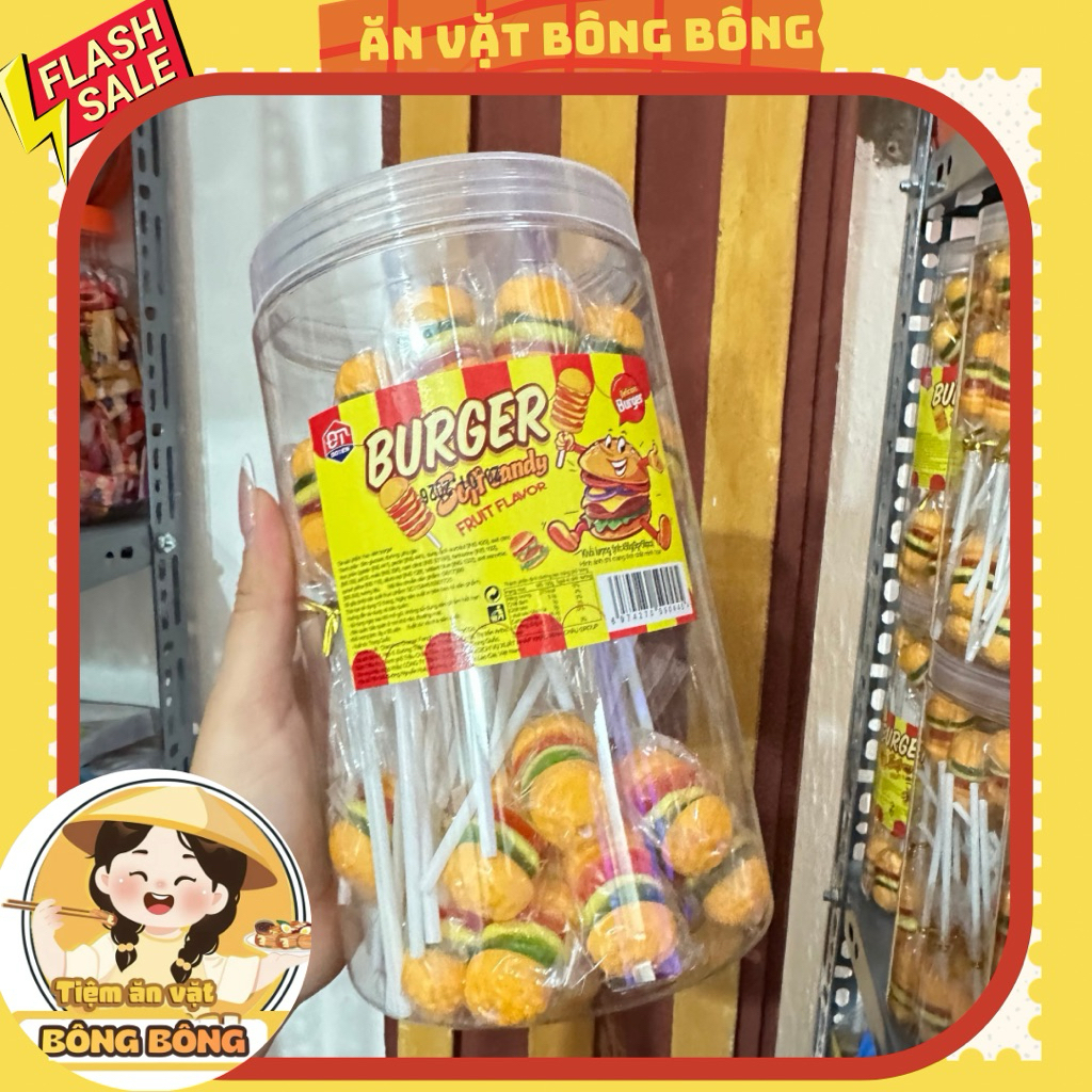 Sỉ hũ 50 xiên kẹo dẻo hamburger ăn vặt siêu ngon cho bé, kẹo hamburger 2k xiên dẻo siêu ngon